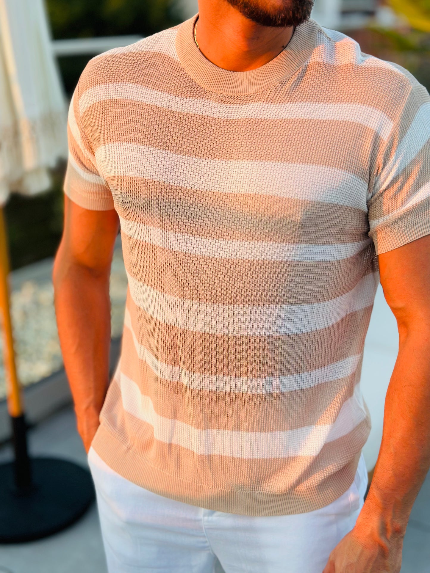 T SHIRT LIGNE BEIGE/BLANC