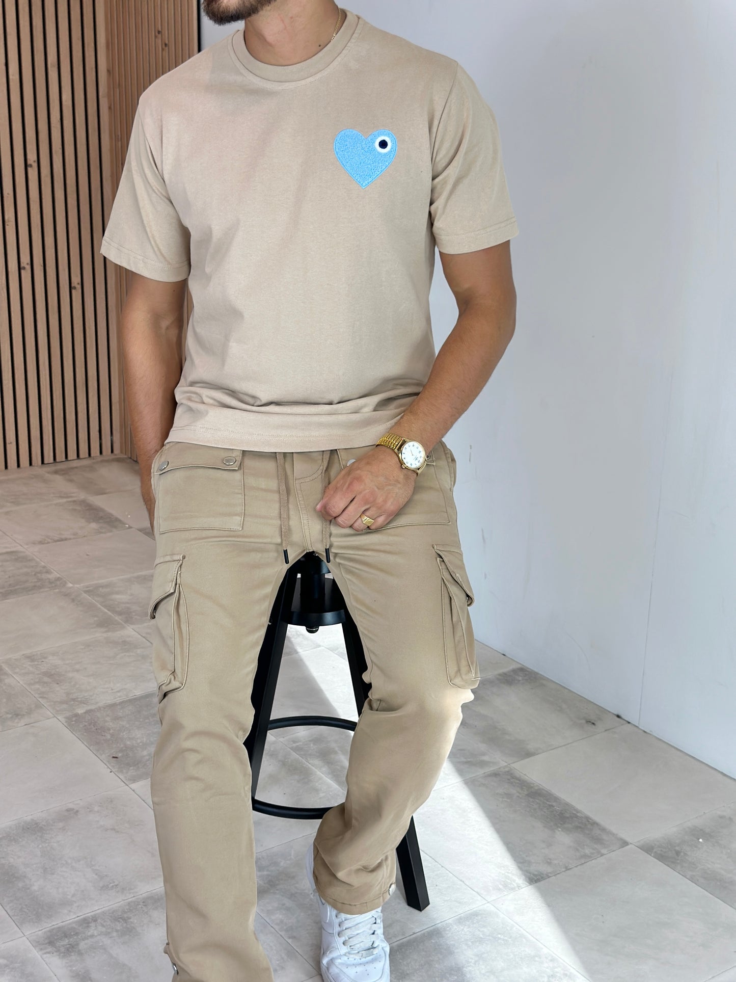 T SHIRT HEART BEIGE/BLEU CIEL
