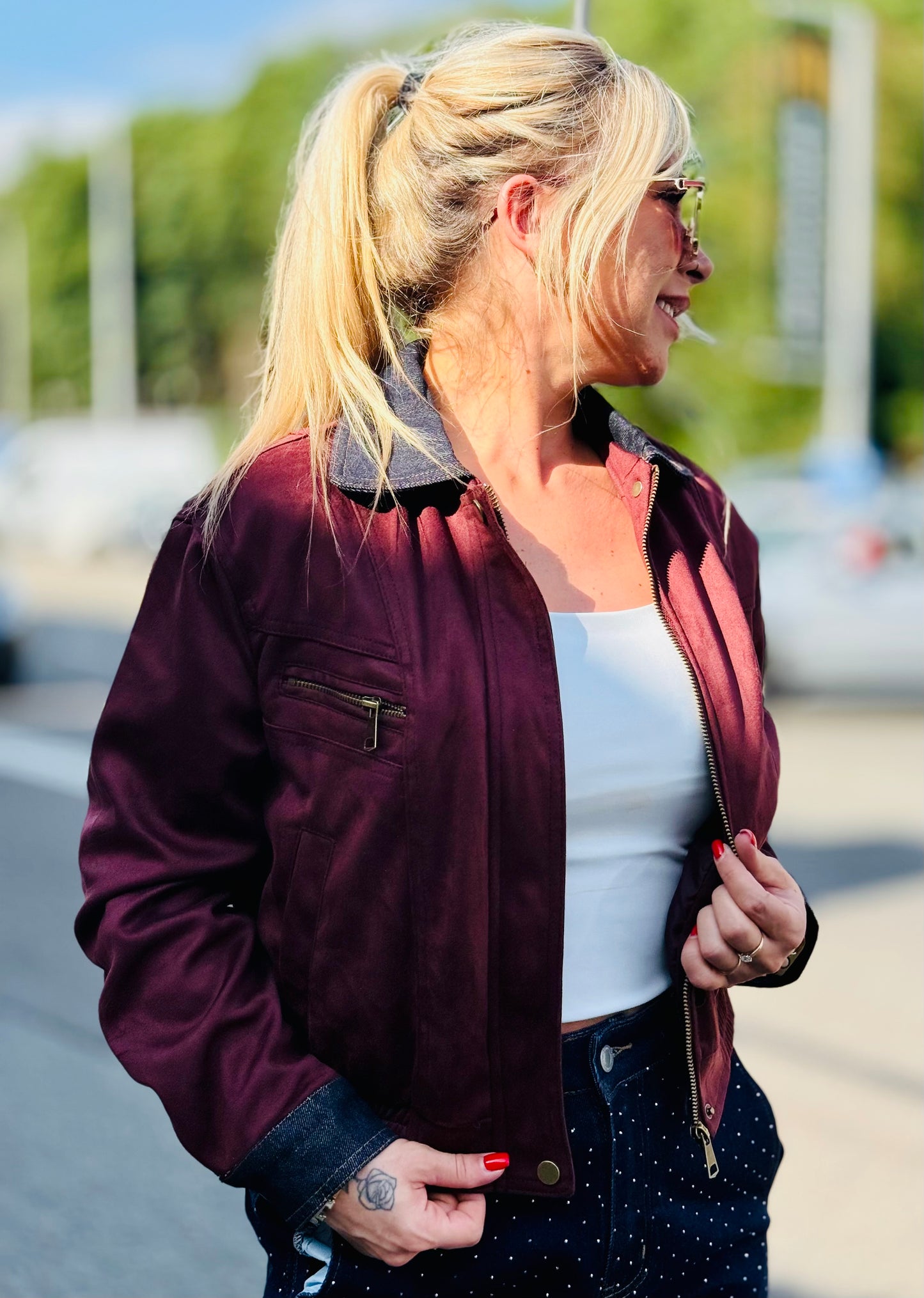Veste «Bomber suédine » bordeau