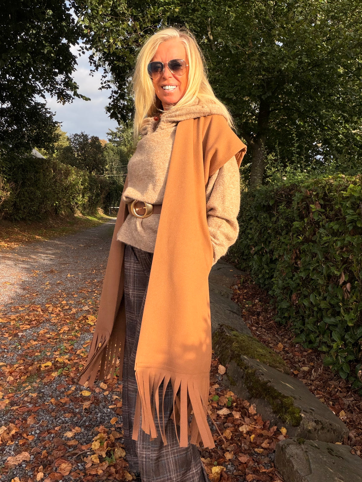 Veste longue à franges camel "Poca"