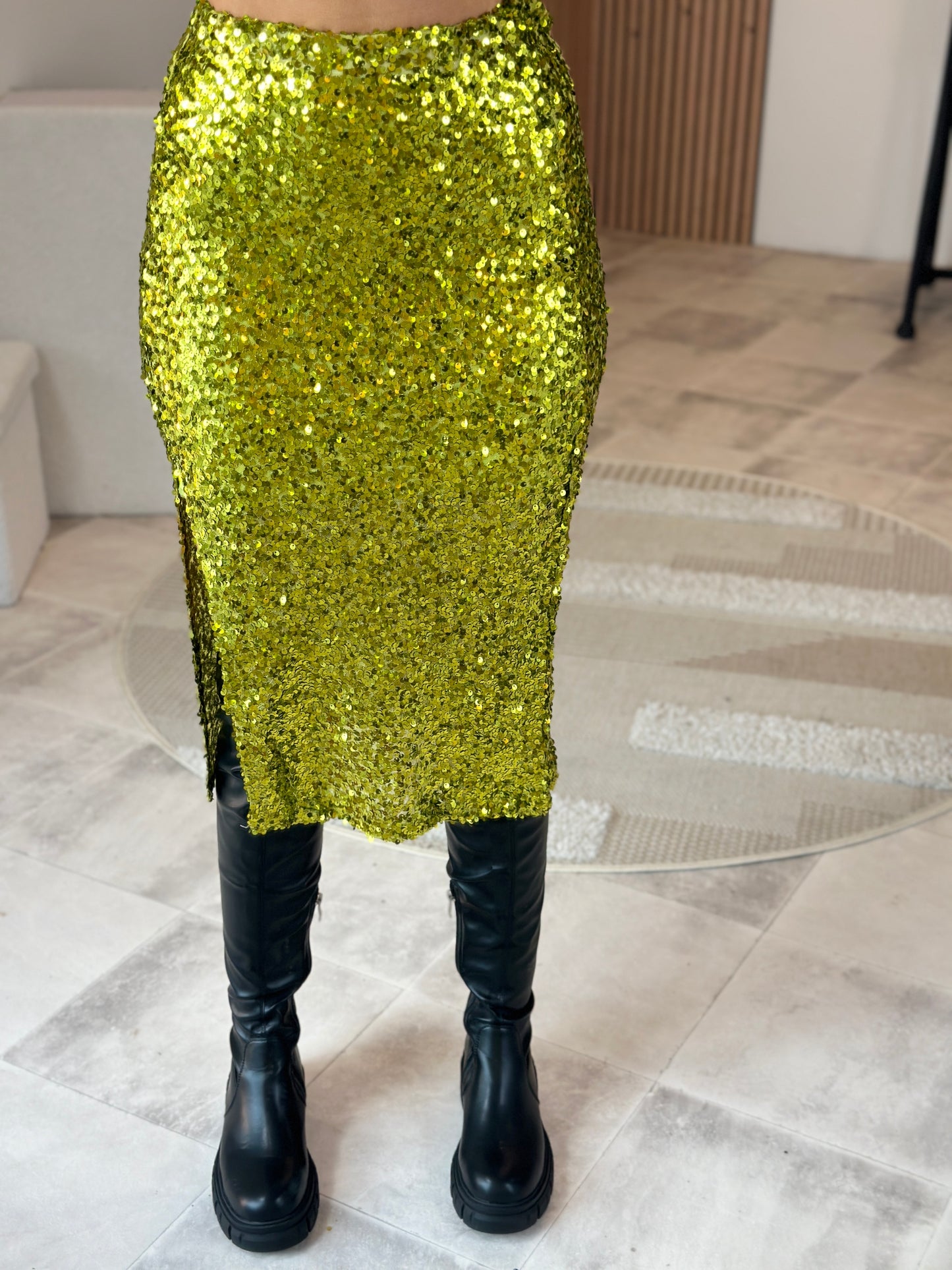 JUPE LONGUE SEQUIN VERT PISTACHE