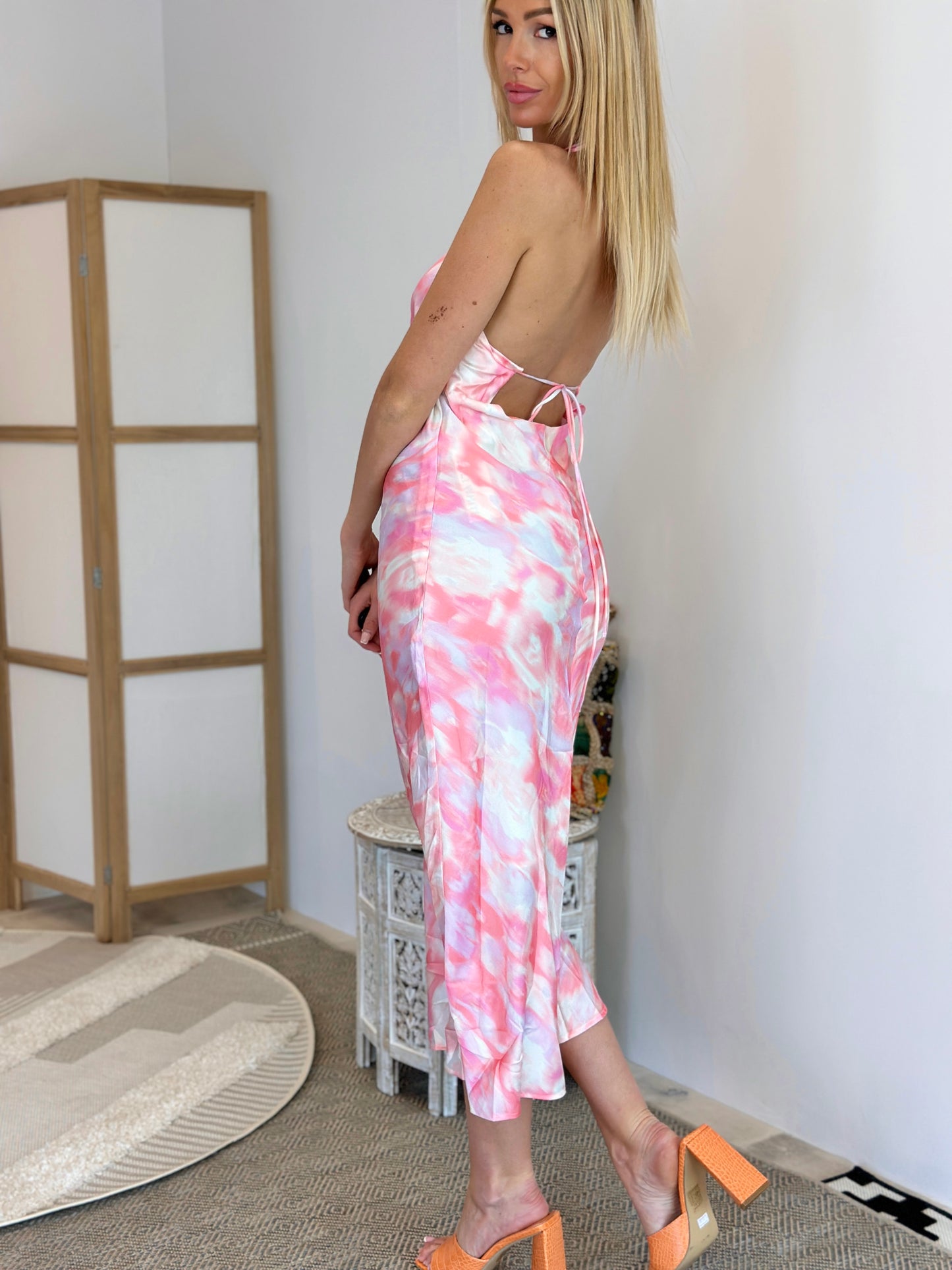 ROBE SATINÉE DOS NU ROSE