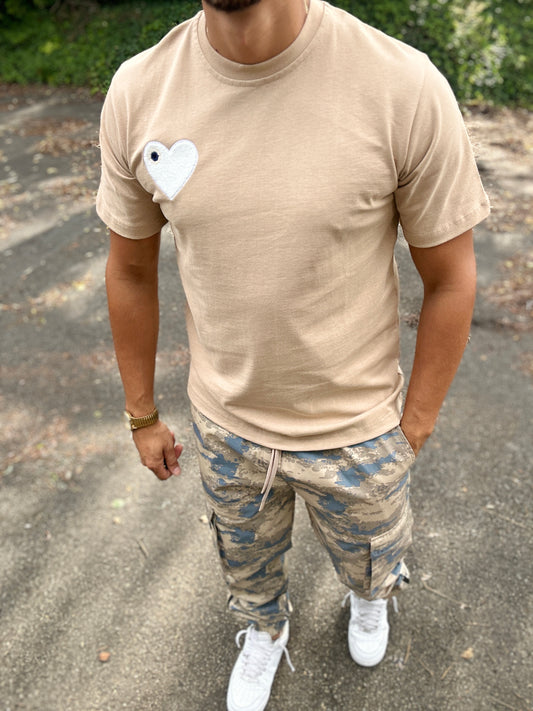 T SHIRT HEART BEIGE/BLANC