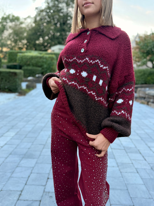 Pull Bordeaux Fairisle Col Chemise  Décontractée
