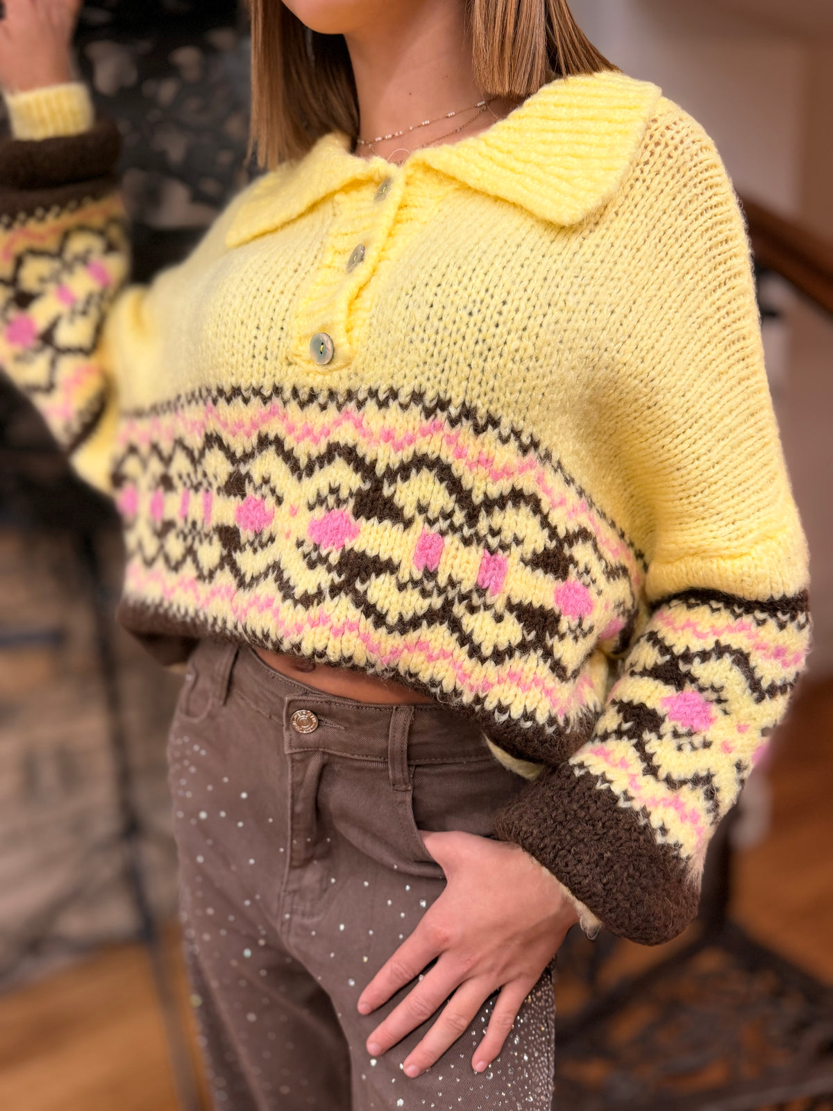 Pull Jaune Fairisle Col Chemise Décontractée