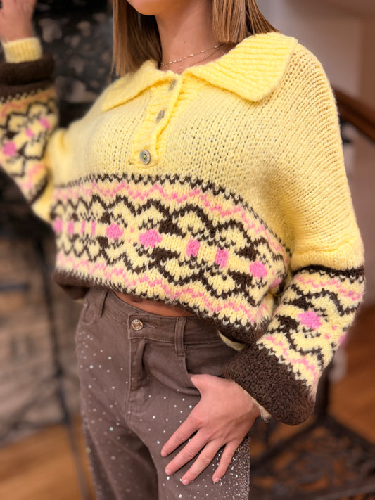 Pull Jaune Fairisle Col Chemise Décontractée