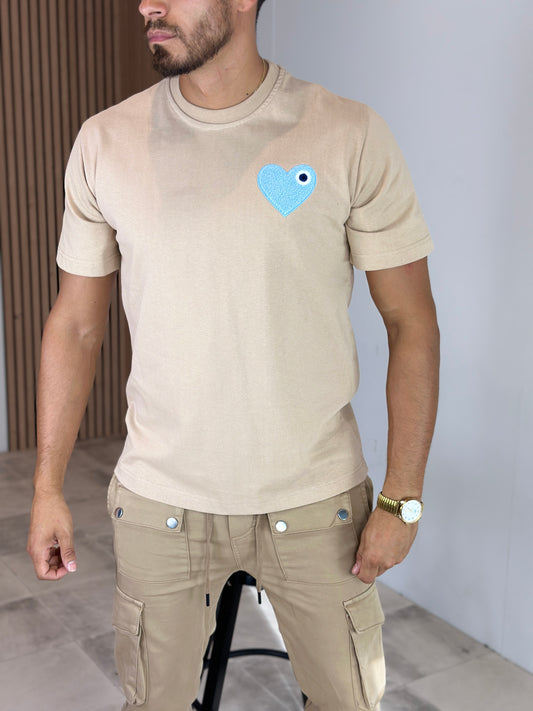 T SHIRT HEART  BEIGE/BLEU CIEL