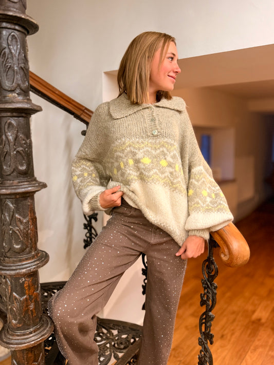 Pull Beige  Fairisle Col Chemise Décontractée