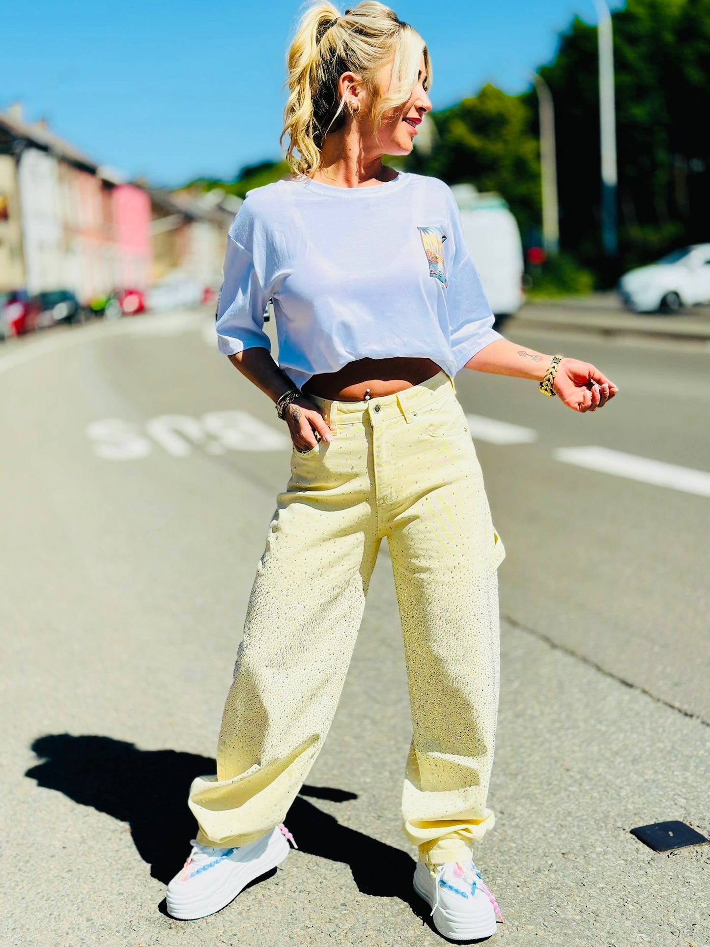 Jeans « JAUNE PASTEL » STRASS