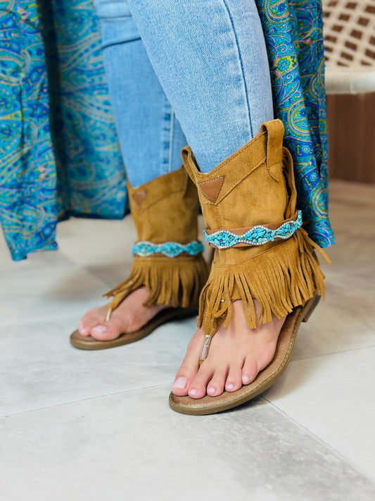 SANDALES A FRANGE CAMEL
