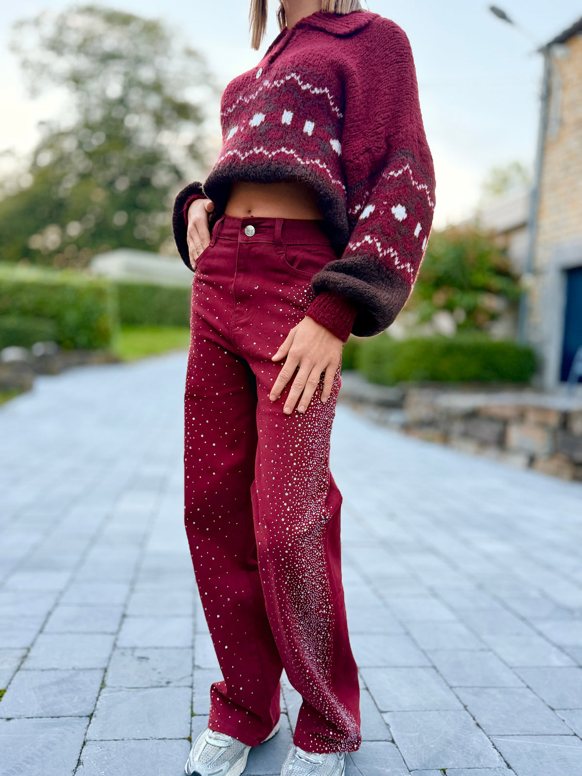 Jean Wild Leg Strass Bordeaux