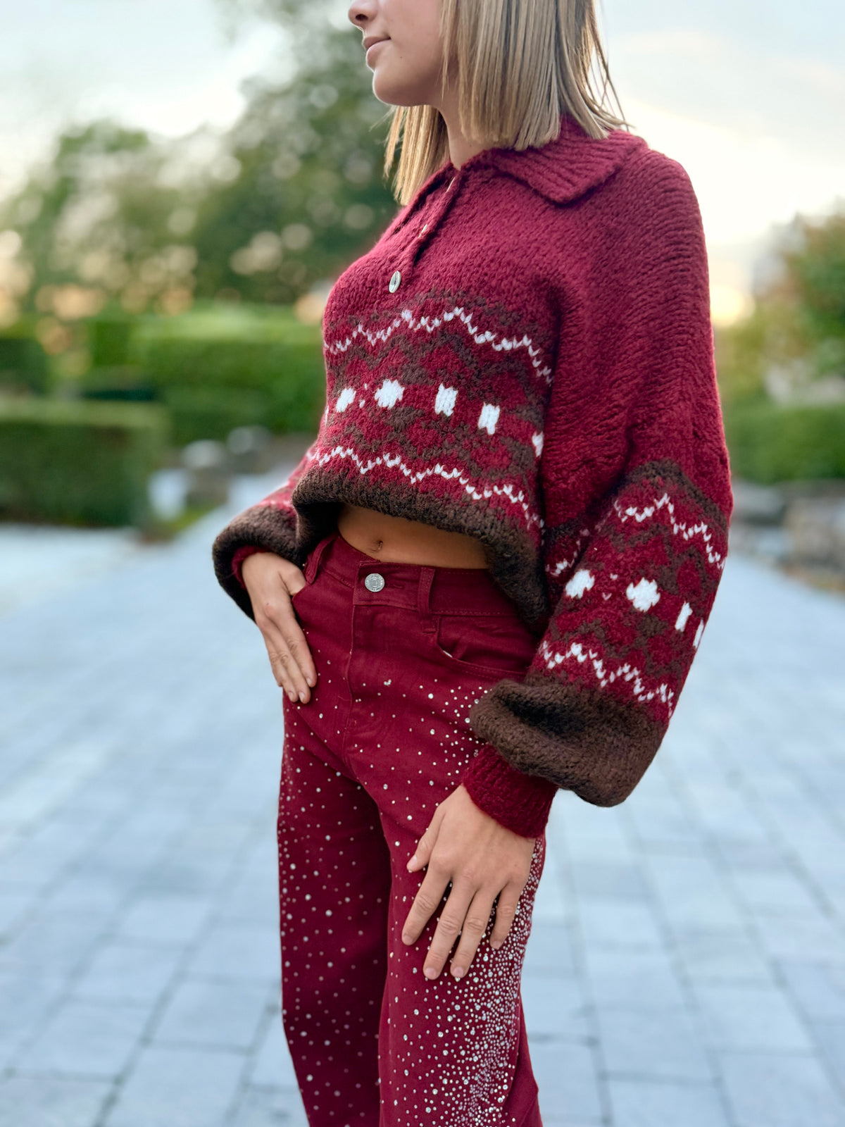 Pull Bordeaux Fairisle Col Chemise  Décontractée