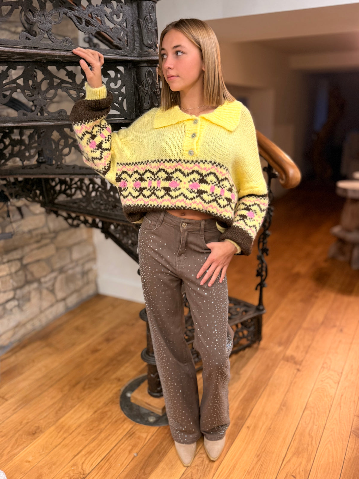Pull Jaune Fairisle Col Chemise Décontractée