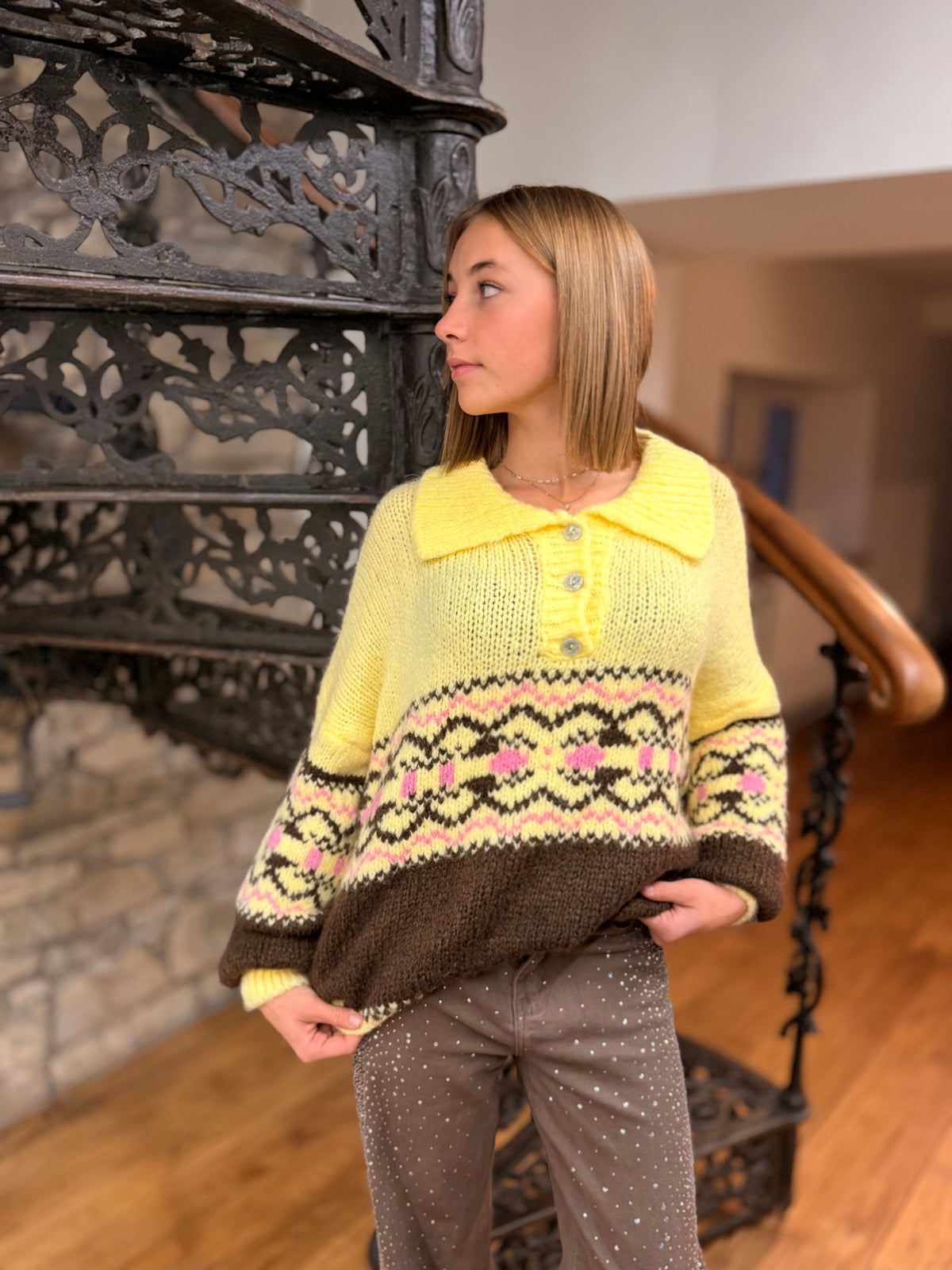 Pull Jaune Fairisle Col Chemise Décontractée