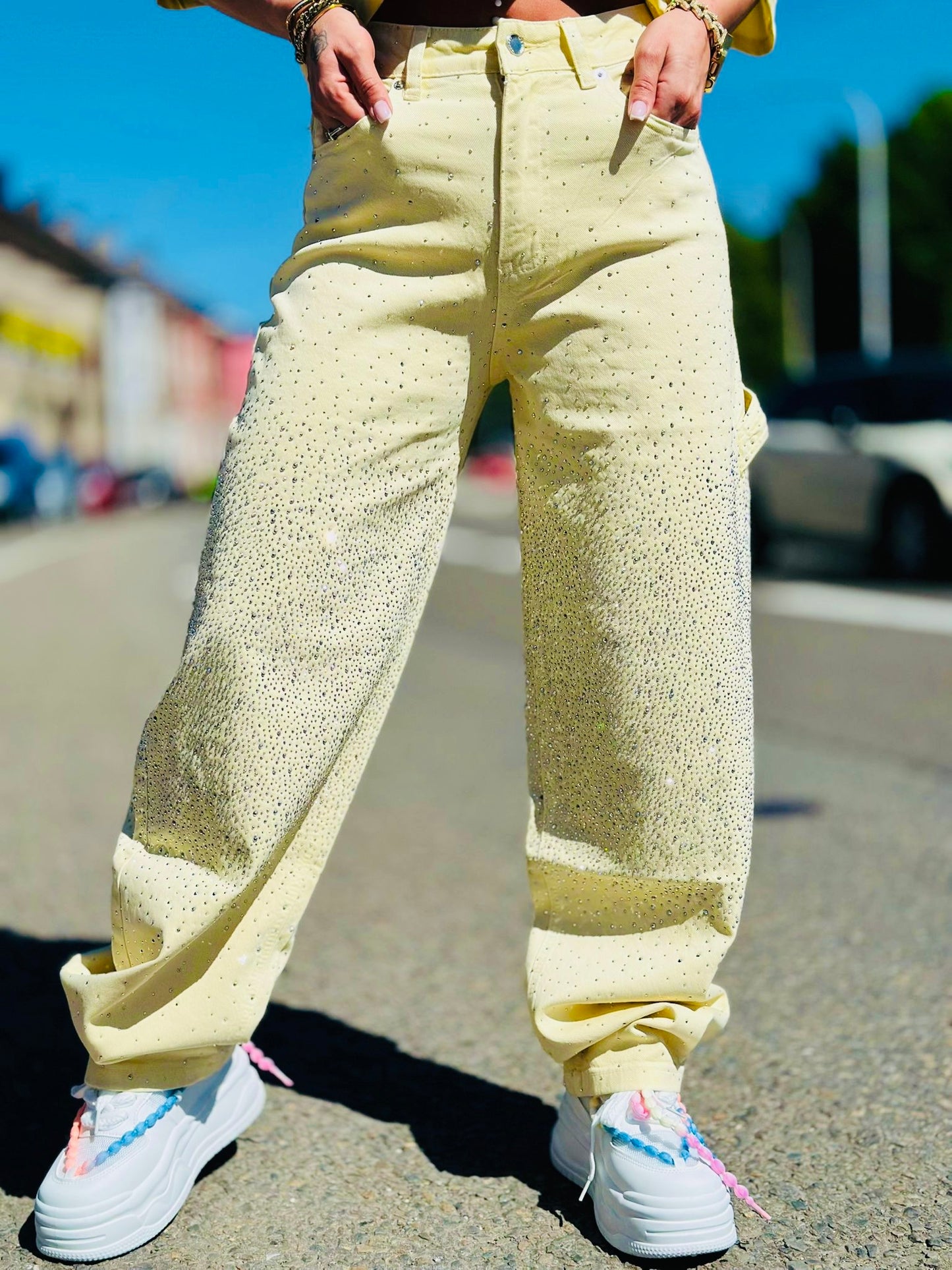 Jeans « JAUNE PASTEL » STRASS