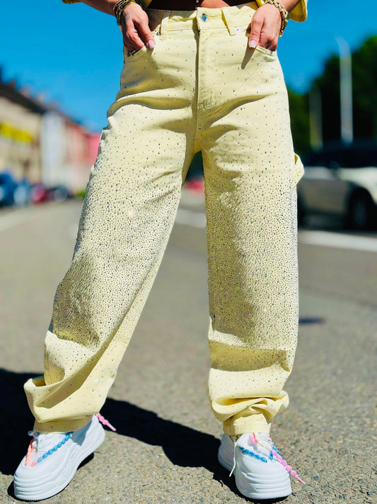 Jeans « JAUNE PASTEL » STRASS