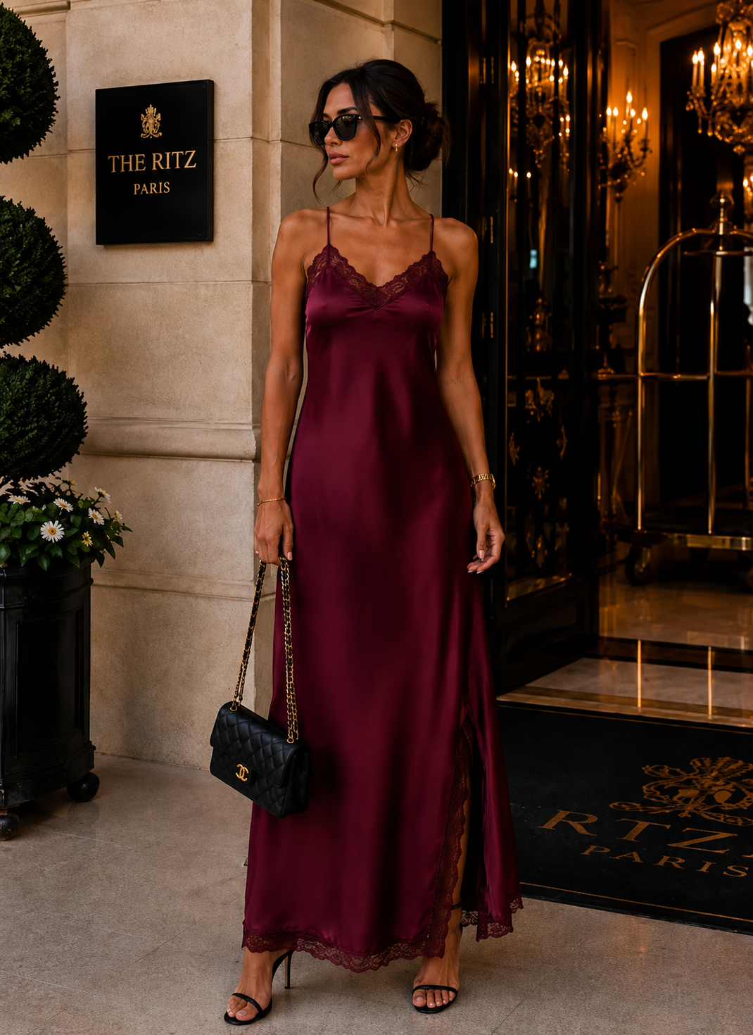 Robe longue «Satin» bordeau