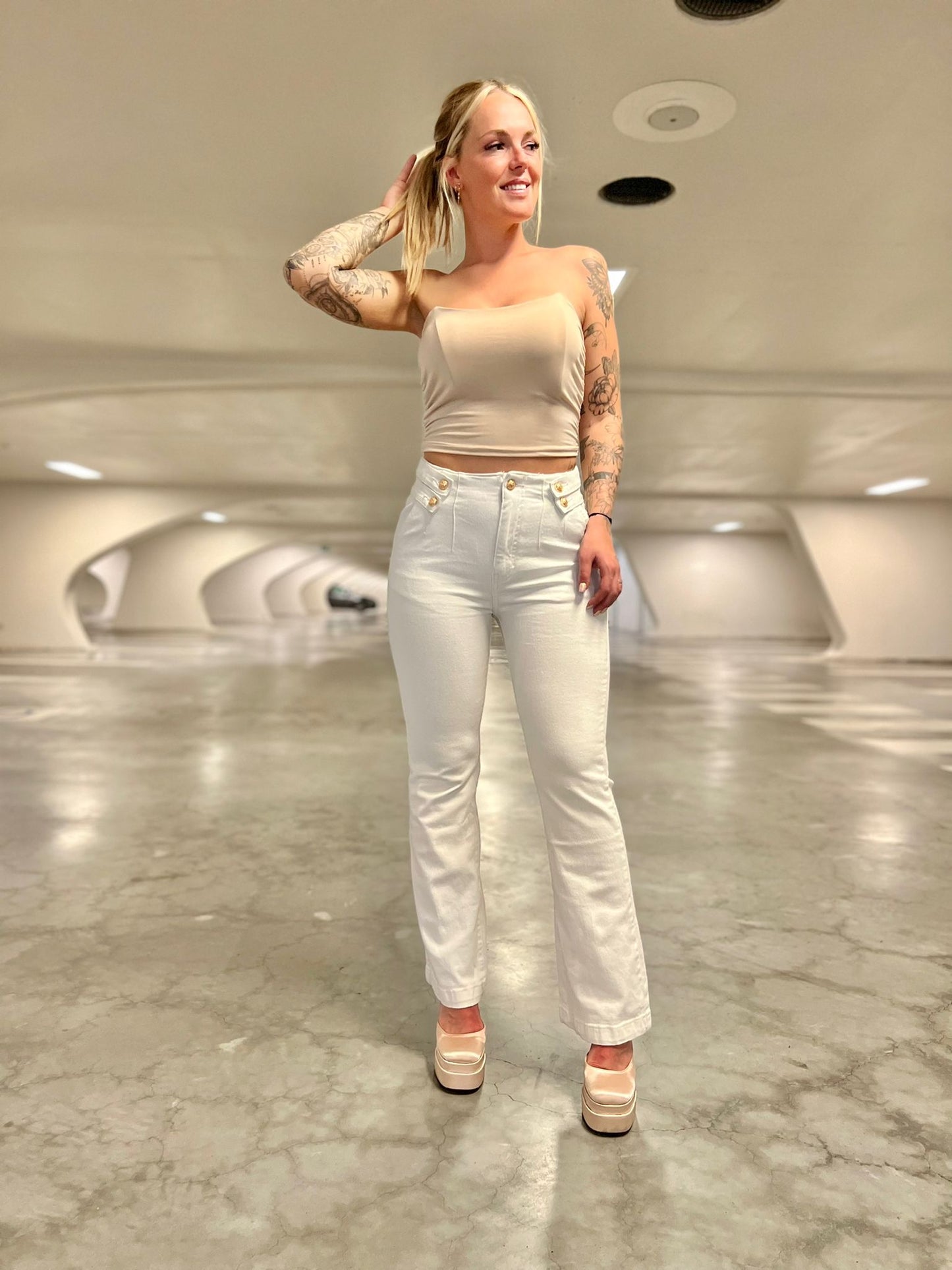 Jeans flare Queen Hearts blanc